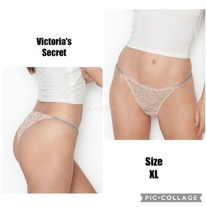 VS Off White Floral Lace Silver Rhinestone Shine Strap Brazilian Panty XL NEW